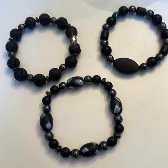 Custom Made Metal, Fossil and Black Onyx Bead Bracelet sized Med Build 3pc set - Picture 3 of 3